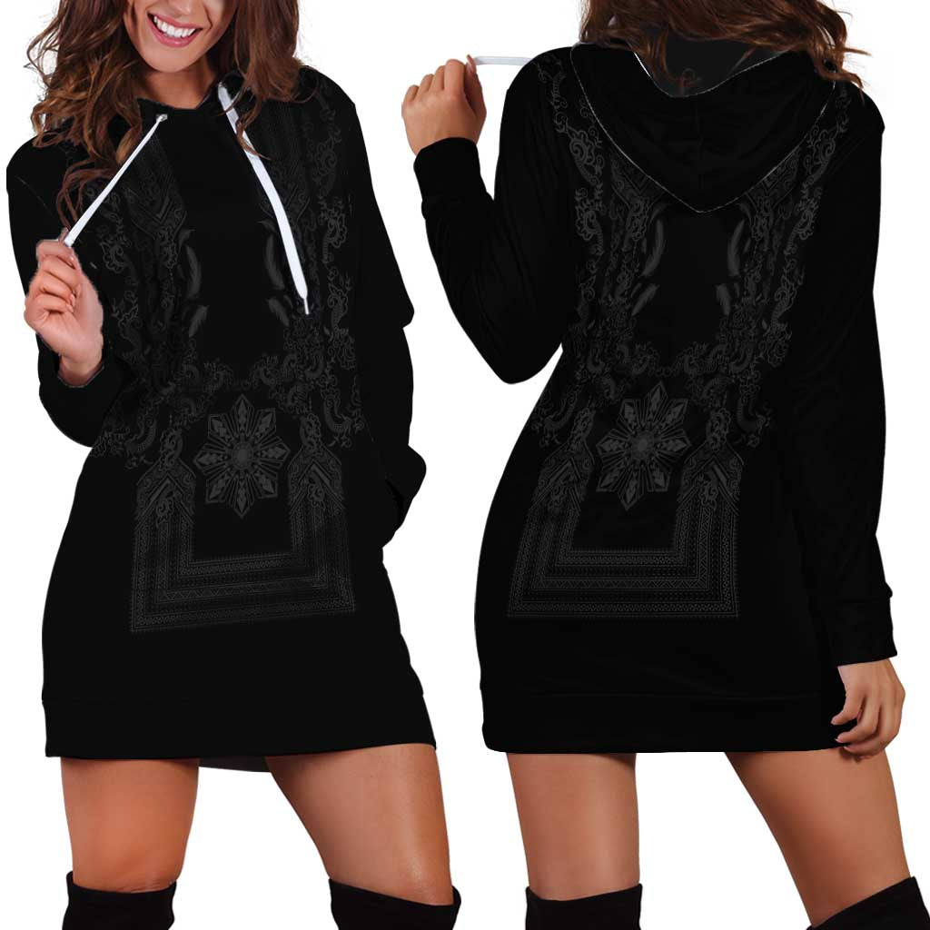 Philippines Barong Style Hoodie Dress with Polynesian Art and Leaf Motif Black Color