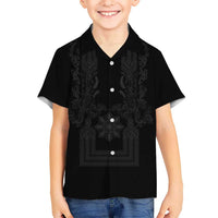 Philippines Barong Style Kid Hawaiian Shirt with Polynesian Art and Leaf Motif Black Color