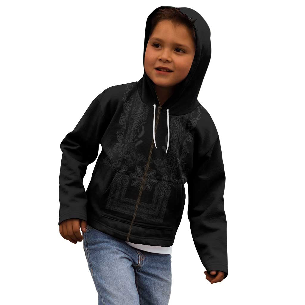 Philippines Barong Style Kid Hoodie with Polynesian Art and Leaf Motif Black Color LT03 - Polynesian Pride