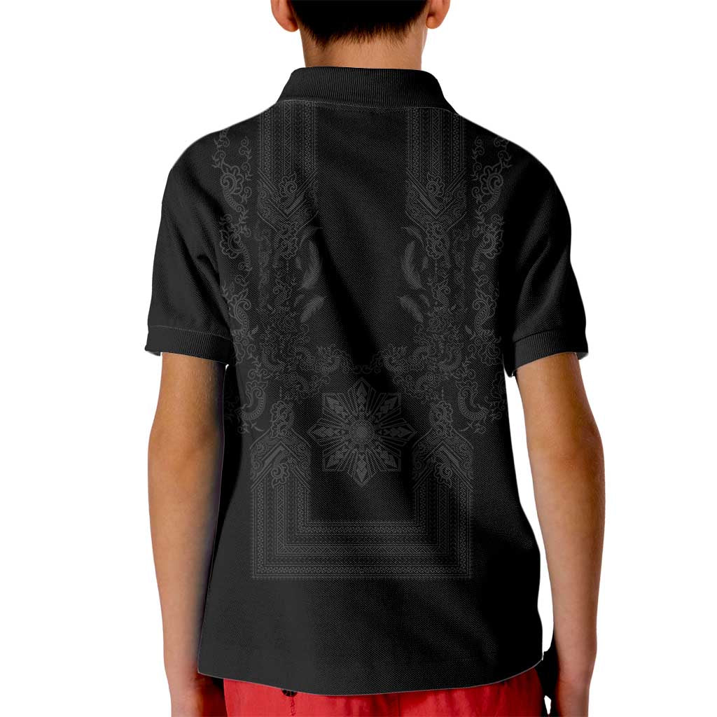 Philippines Barong Style Kid Polo Shirt with Polynesian Art and Leaf Motif Black Color LT03 - Polynesian Pride