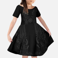Philippines Barong Style Kid Short Sleeve Dress with Polynesian Art and Leaf Motif Black Color LT03 KID Black - Polynesian Pride