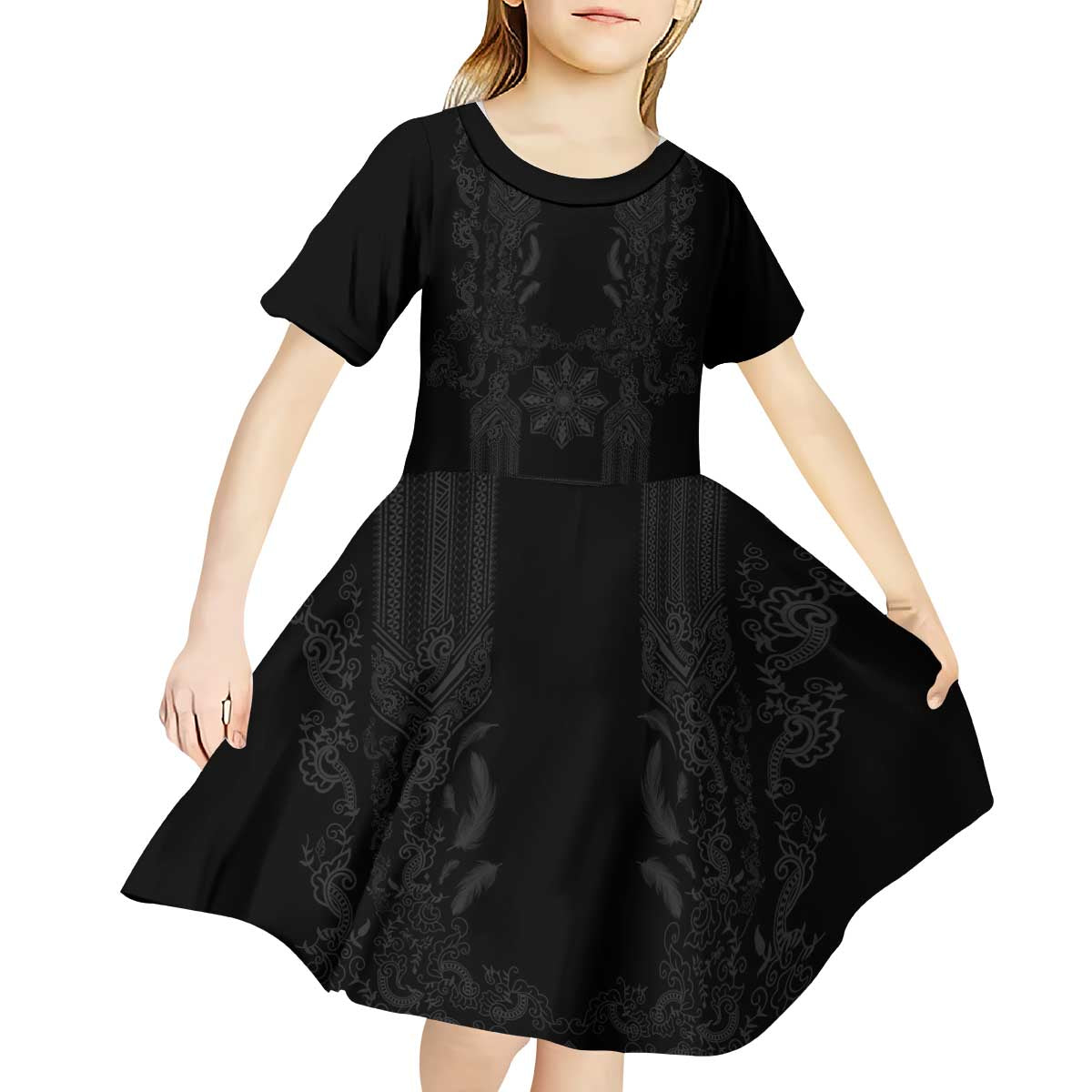 Philippines Barong Style Kid Short Sleeve Dress with Polynesian Art and Leaf Motif Black Color LT03 - Polynesian Pride