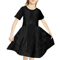 Philippines Barong Style Kid Short Sleeve Dress with Polynesian Art and Leaf Motif Black Color LT03 - Polynesian Pride