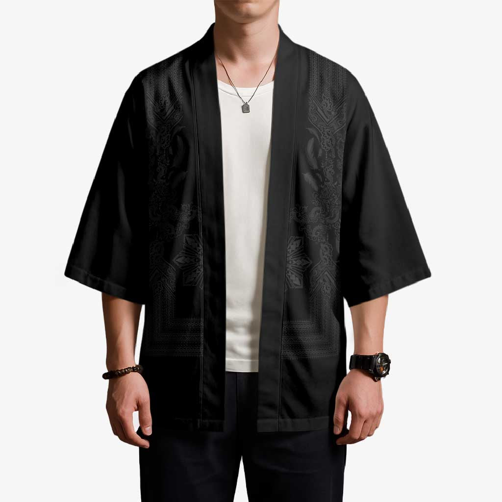 Philippines Barong Style Kimono with Polynesian Art and Leaf Motif Black Color