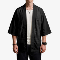 Philippines Barong Style Kimono with Polynesian Art and Leaf Motif Black Color