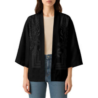 Philippines Barong Style Kimono with Polynesian Art and Leaf Motif Black Color
