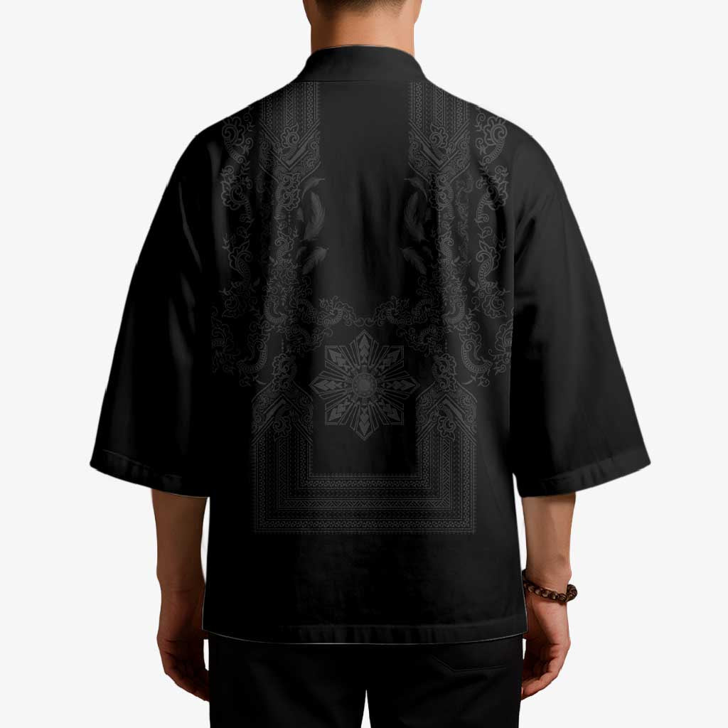 Philippines Barong Style Kimono with Polynesian Art and Leaf Motif Black Color