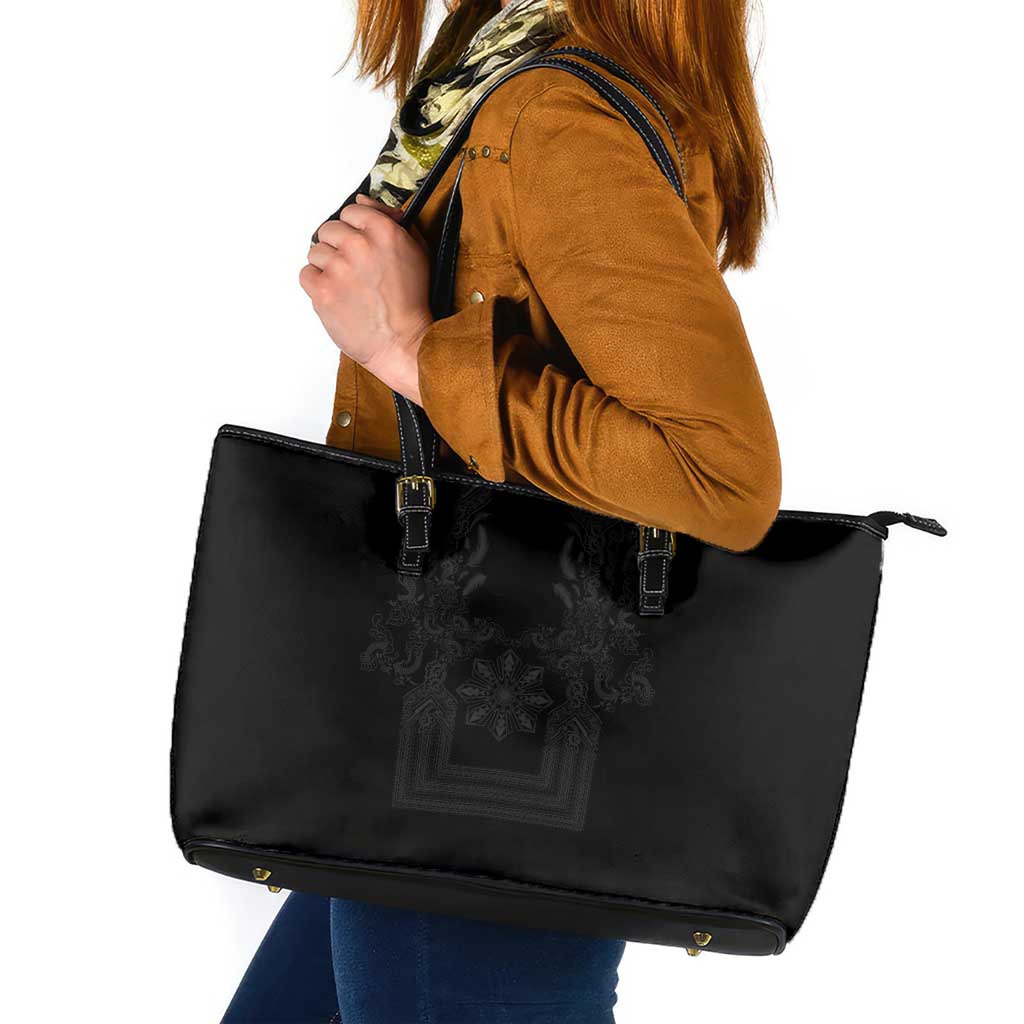 Philippines Barong Style Leather Tote Bag with Polynesian Art and Leaf Motif Black Color LT03 Black - Polynesian Pride