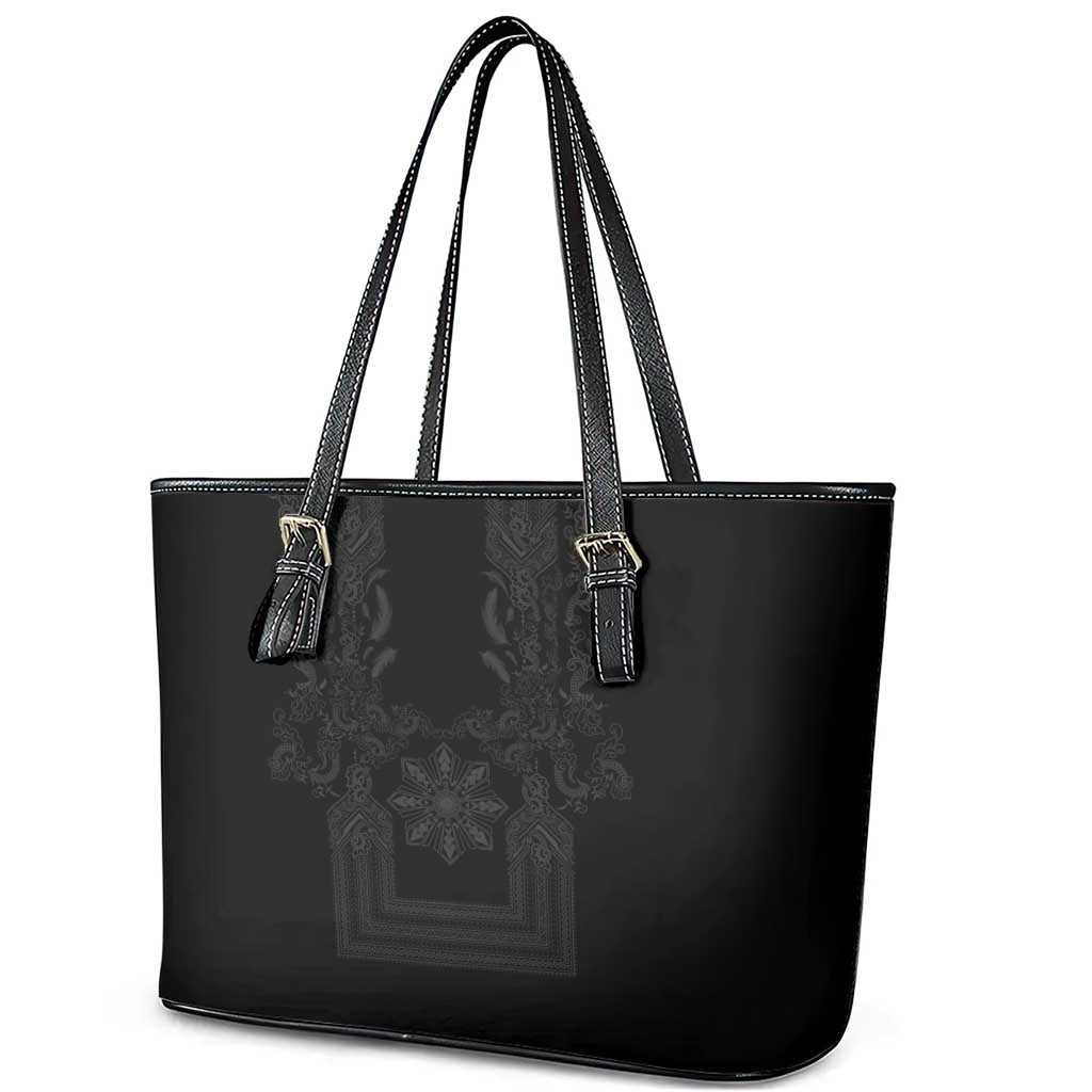 Philippines Barong Style Leather Tote Bag with Polynesian Art and Leaf Motif Black Color LT03 - Polynesian Pride