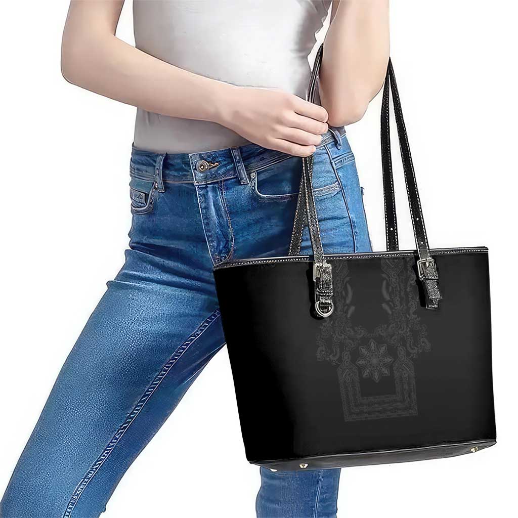 Philippines Barong Style Leather Tote Bag with Polynesian Art and Leaf Motif Black Color LT03 - Polynesian Pride