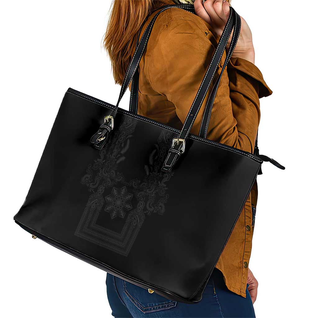 Philippines Barong Style Leather Tote Bag with Polynesian Art and Leaf Motif Black Color LT03 - Polynesian Pride
