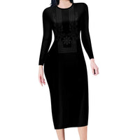 Philippines Barong Style Long Sleeve Bodycon Dress with Polynesian Art and Leaf Motif Black Color LT03 Long Dress Black - Polynesian Pride