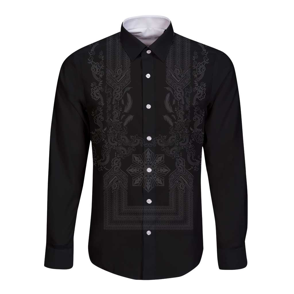Philippines Barong Style Long Sleeve Button Shirt with Polynesian Art and Leaf Motif Black Color LT03 Unisex Black - Polynesian Pride