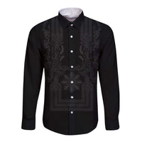 Philippines Barong Style Long Sleeve Button Shirt with Polynesian Art and Leaf Motif Black Color LT03 Unisex Black - Polynesian Pride