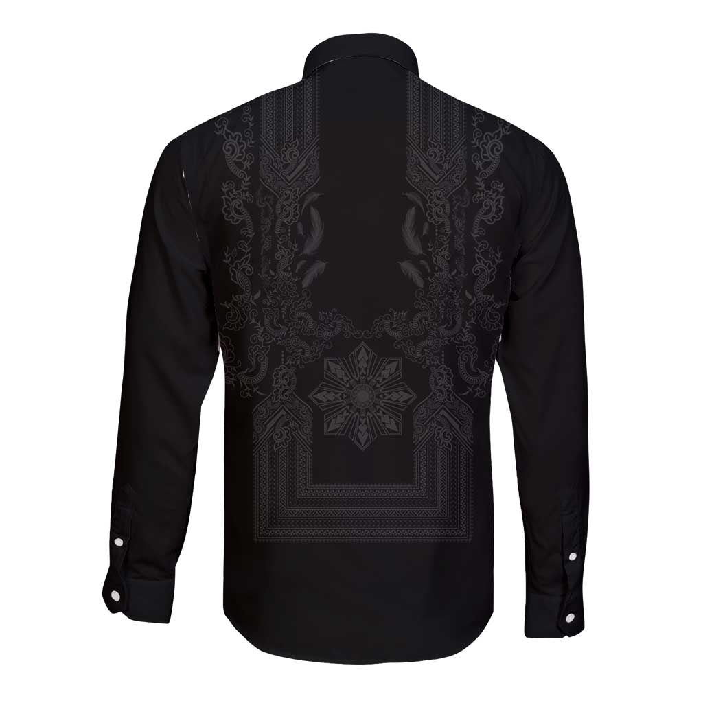 Philippines Barong Style Long Sleeve Button Shirt with Polynesian Art and Leaf Motif Black Color LT03 - Polynesian Pride
