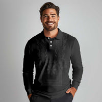 Philippines Barong Style Long Sleeve Polo Shirt with Polynesian Art and Leaf Motif Black Color LT03 - Polynesian Pride
