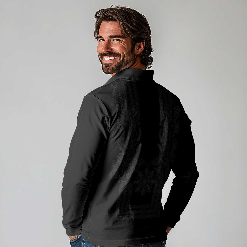 Philippines Barong Style Long Sleeve Polo Shirt with Polynesian Art and Leaf Motif Black Color LT03 - Polynesian Pride