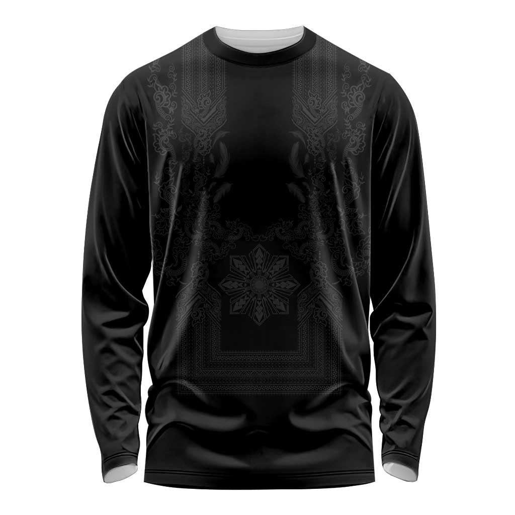 Philippines Barong Style Long Sleeve Shirt with Polynesian Art and Leaf Motif Black Color LT03 Unisex Black - Polynesian Pride