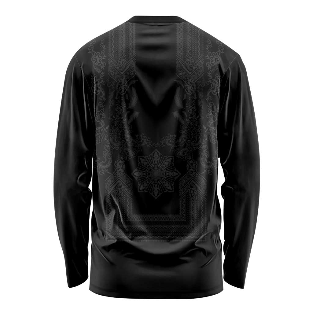 Philippines Barong Style Long Sleeve Shirt with Polynesian Art and Leaf Motif Black Color LT03 - Polynesian Pride