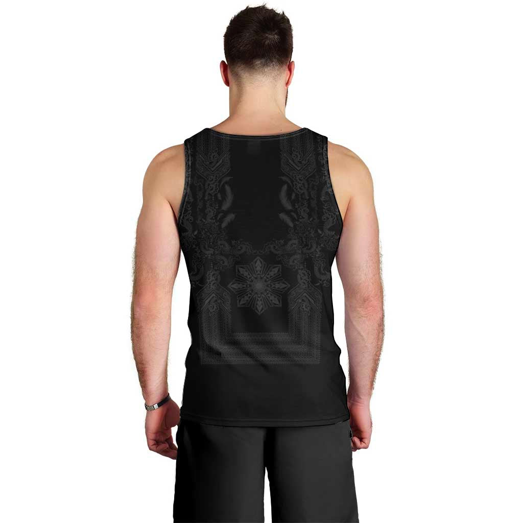 Philippines Barong Style Men Tank Top with Polynesian Art and Leaf Motif Black Color LT03 - Polynesian Pride