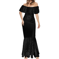 Philippines Barong Style Mermaid Dress with Polynesian Art and Leaf Motif Black Color LT03 - Polynesian Pride