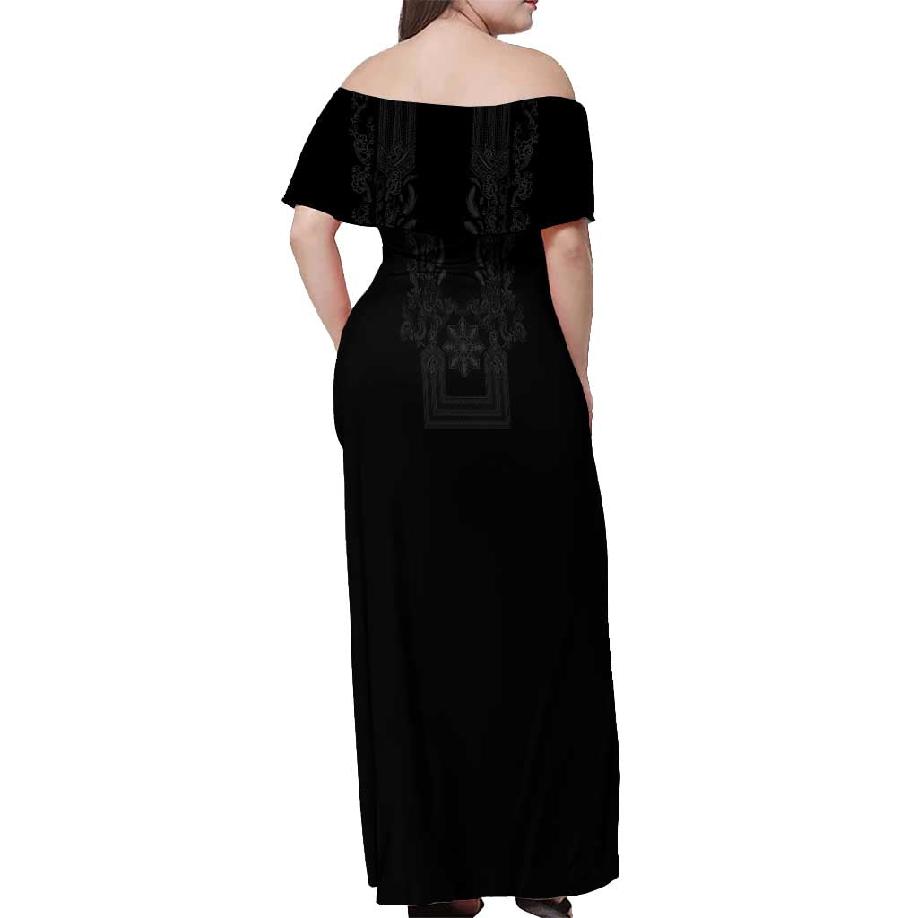 Philippines Barong Style Off Shoulder Maxi Dress with Polynesian Art and Leaf Motif Black Color LT03 - Polynesian Pride