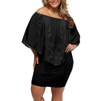 Philippines Barong Style Off Shoulder Short Dress with Polynesian Art and Leaf Motif Black Color