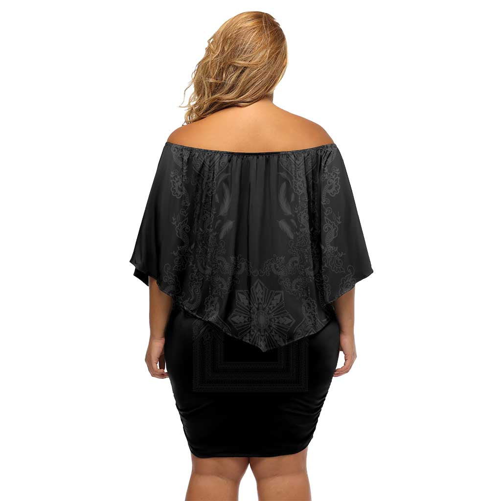 Philippines Barong Style Off Shoulder Short Dress with Polynesian Art and Leaf Motif Black Color