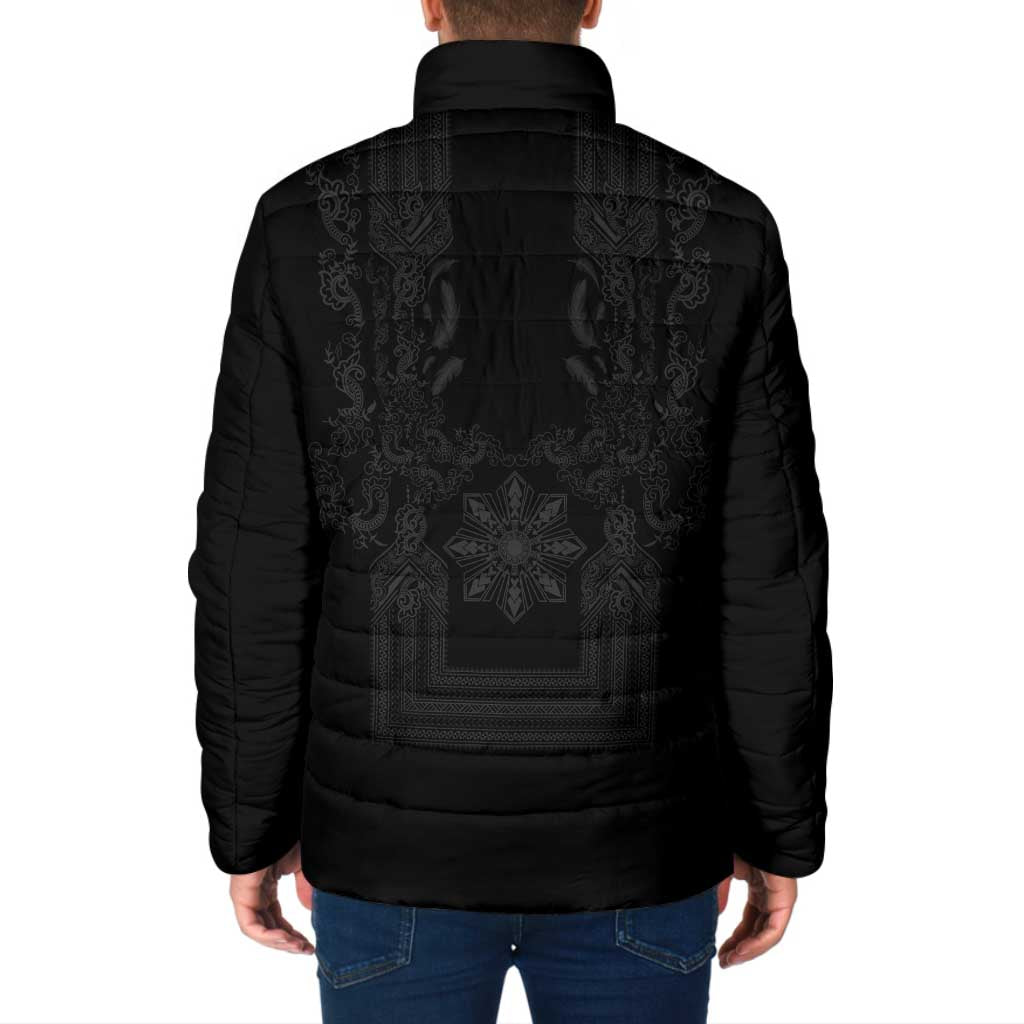 Philippines Barong Style Padded Jacket with Polynesian Art and Leaf Motif Black Color LT03 - Polynesian Pride