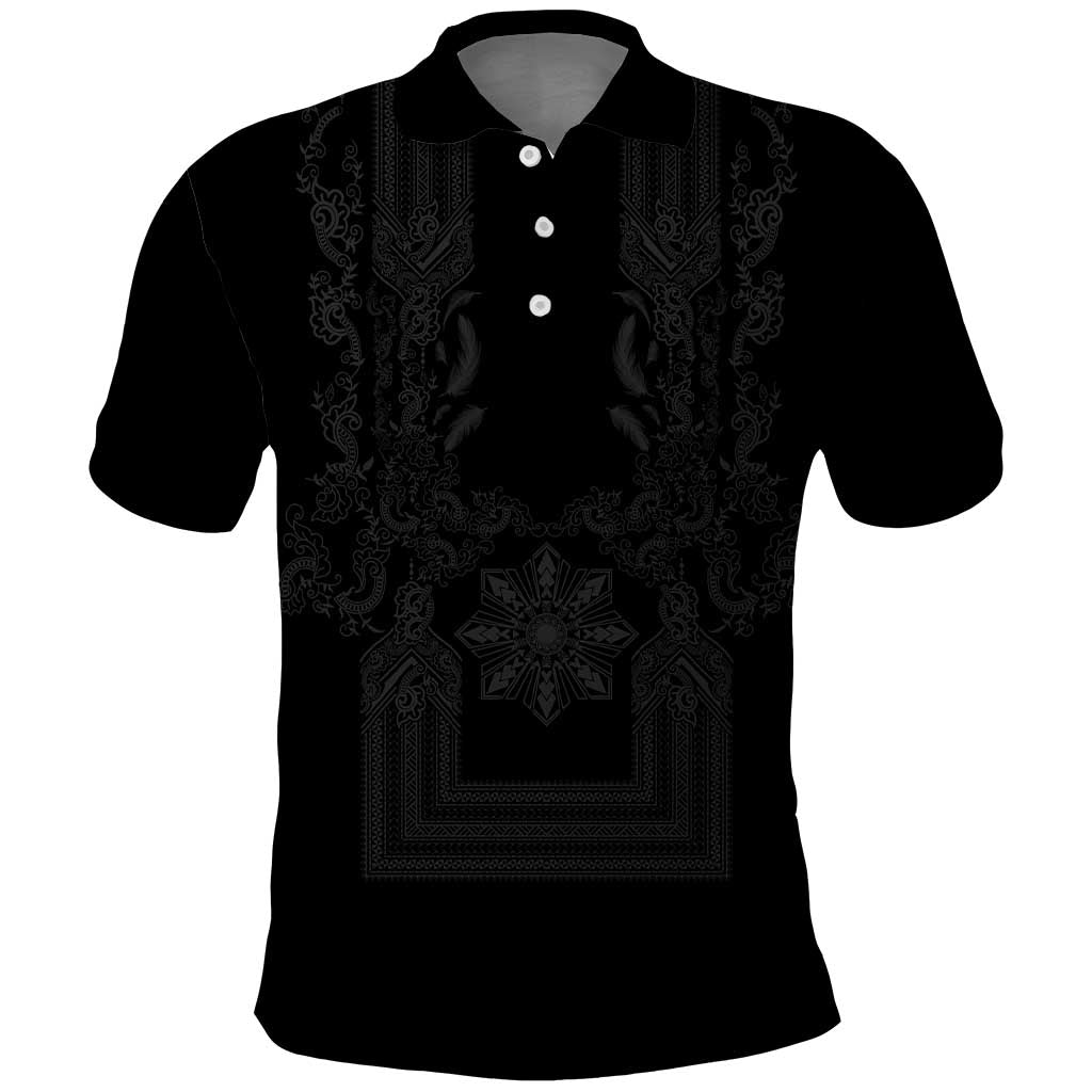 Philippines Barong Style Polo Shirt with Polynesian Art and Leaf Motif Black Color LT03 Black - Polynesian Pride