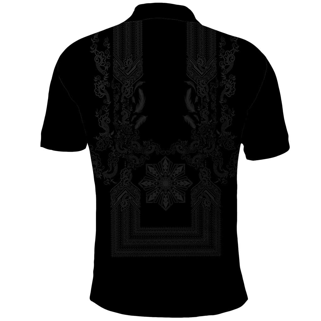 Philippines Barong Style Polo Shirt with Polynesian Art and Leaf Motif Black Color LT03 - Polynesian Pride