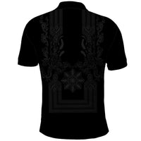 Philippines Barong Style Polo Shirt with Polynesian Art and Leaf Motif Black Color LT03 - Polynesian Pride