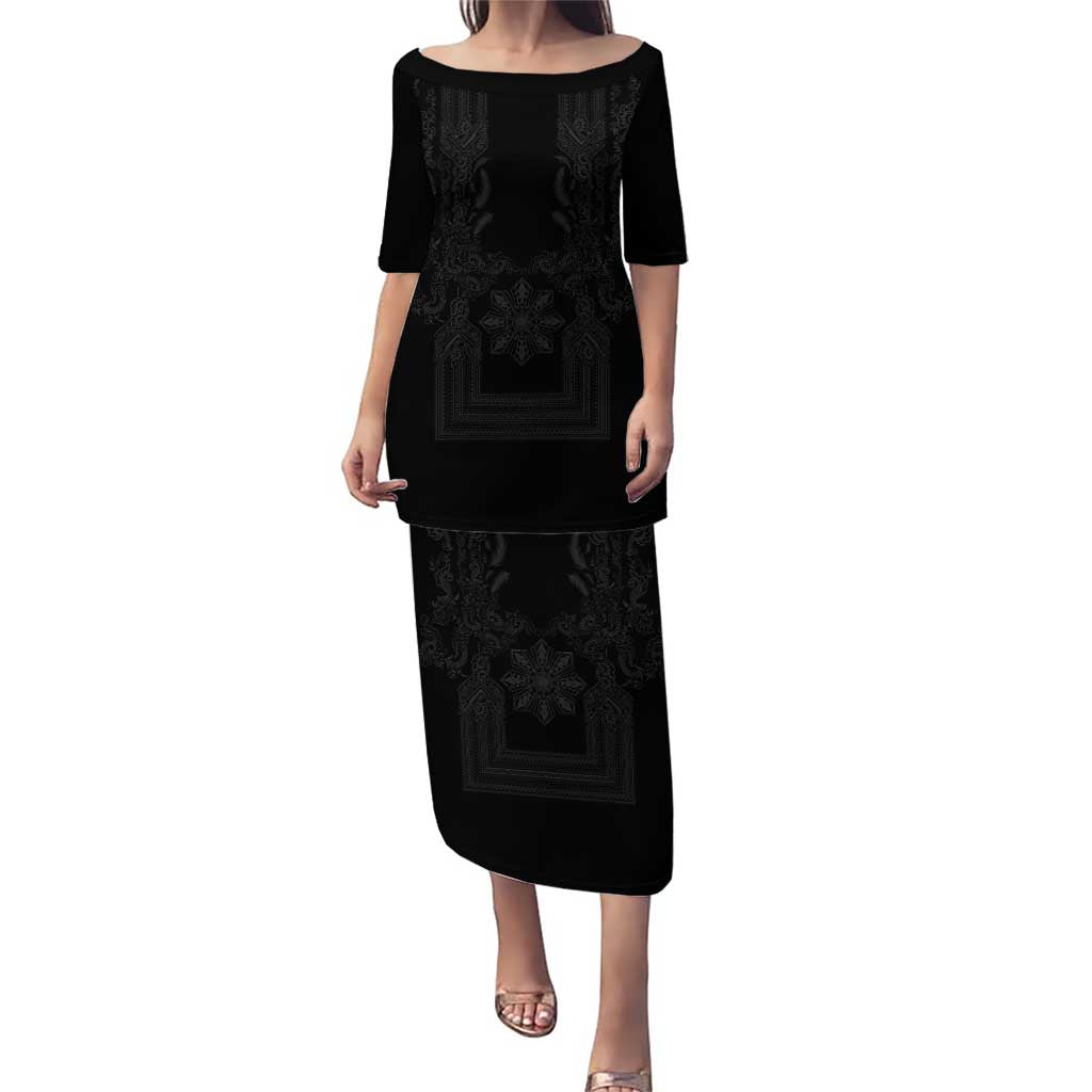 Philippines Barong Style Puletasi with Polynesian Art and Leaf Motif Black Color LT03 Long Dress Black - Polynesian Pride