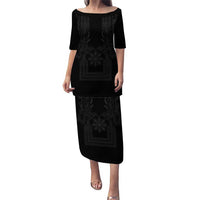 Philippines Barong Style Puletasi with Polynesian Art and Leaf Motif Black Color LT03 Long Dress Black - Polynesian Pride