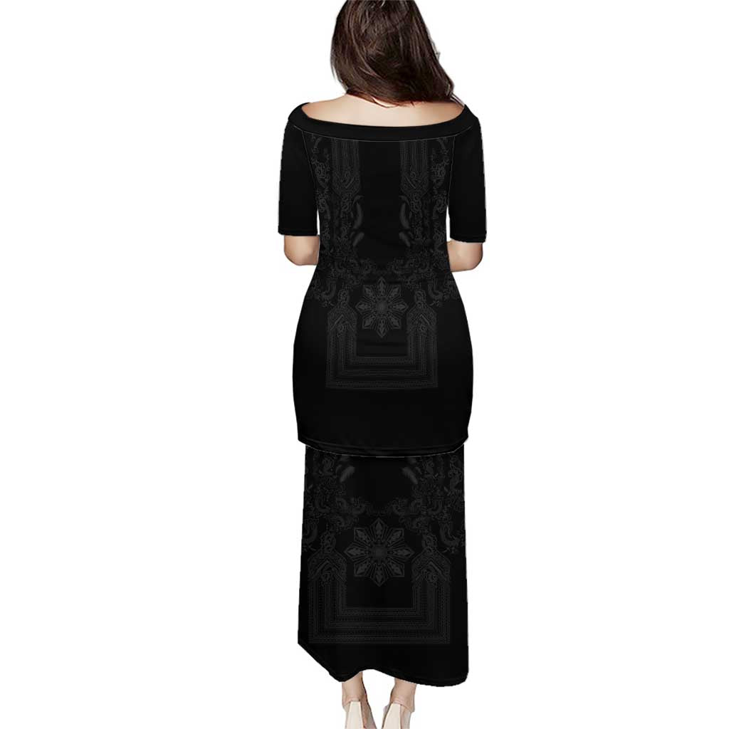 Philippines Barong Style Puletasi with Polynesian Art and Leaf Motif Black Color LT03 - Polynesian Pride
