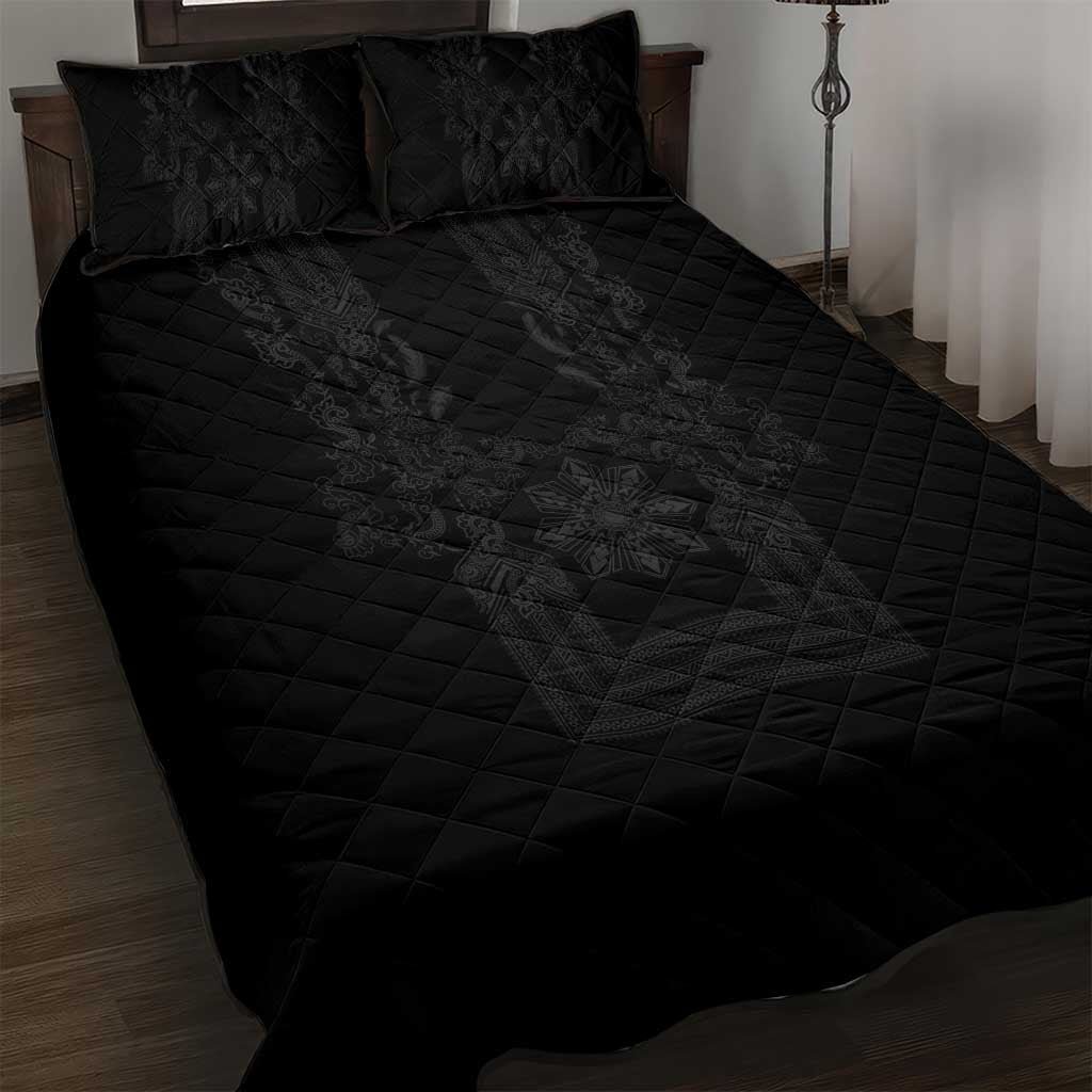 Philippines Barong Style Quilt Bed Set with Polynesian Art and Leaf Motif Black Color