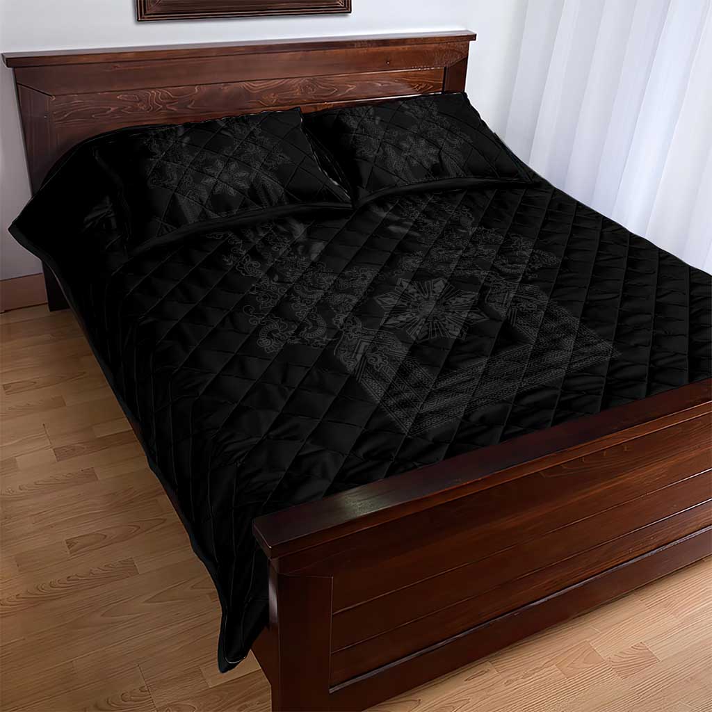 Philippines Barong Style Quilt Bed Set with Polynesian Art and Leaf Motif Black Color LT03 - Polynesian Pride