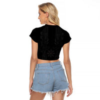 Philippines Barong Style Raglan Cropped T Shirt with Polynesian Art and Leaf Motif Black Color LT03 - Polynesian Pride
