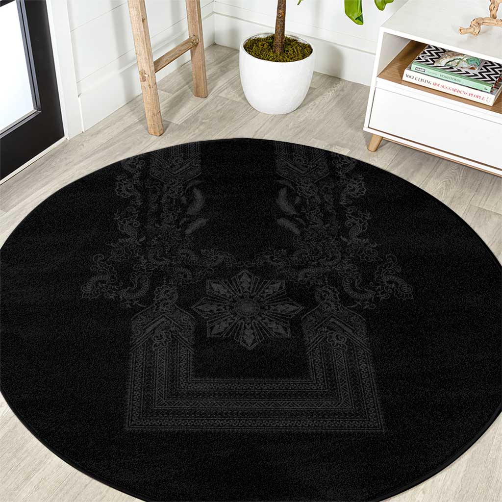 Philippines Barong Style Round Carpet with Polynesian Art and Leaf Motif Black Color