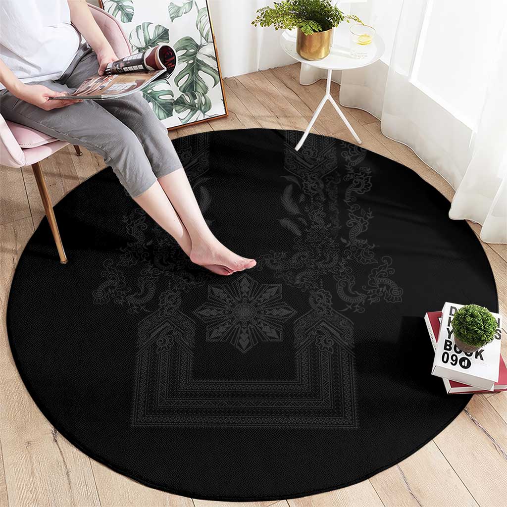 Philippines Barong Style Round Carpet with Polynesian Art and Leaf Motif Black Color