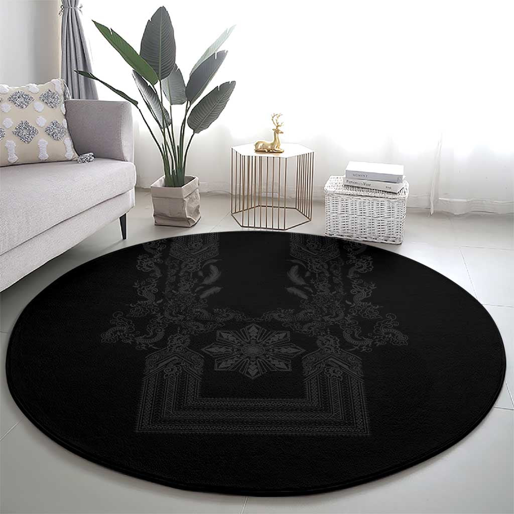 Philippines Barong Style Round Carpet with Polynesian Art and Leaf Motif Black Color