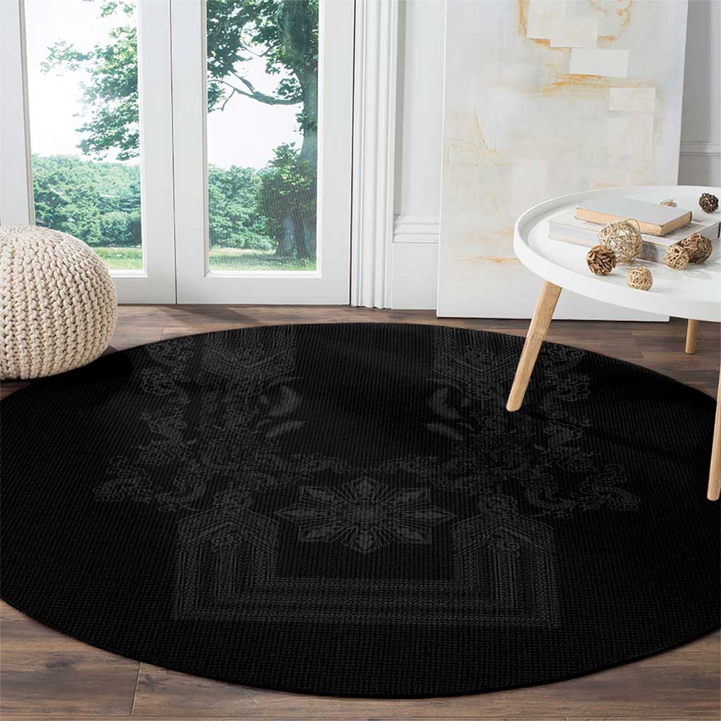 Philippines Barong Style Round Carpet with Polynesian Art and Leaf Motif Black Color