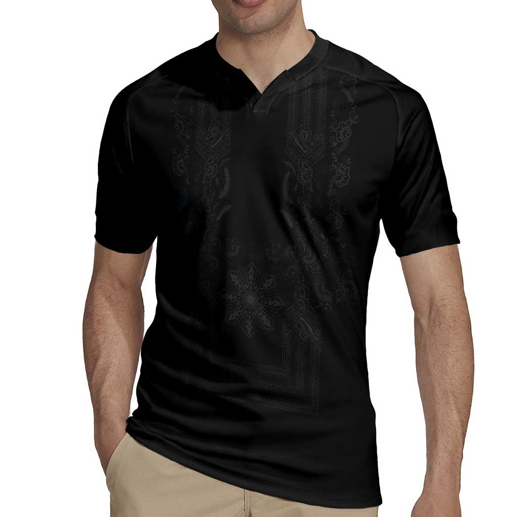 Philippines Barong Style Rugby Jersey with Polynesian Art and Leaf Motif Black Color LT03 - Polynesian Pride