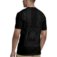 Philippines Barong Style Rugby Jersey with Polynesian Art and Leaf Motif Black Color LT03 - Polynesian Pride
