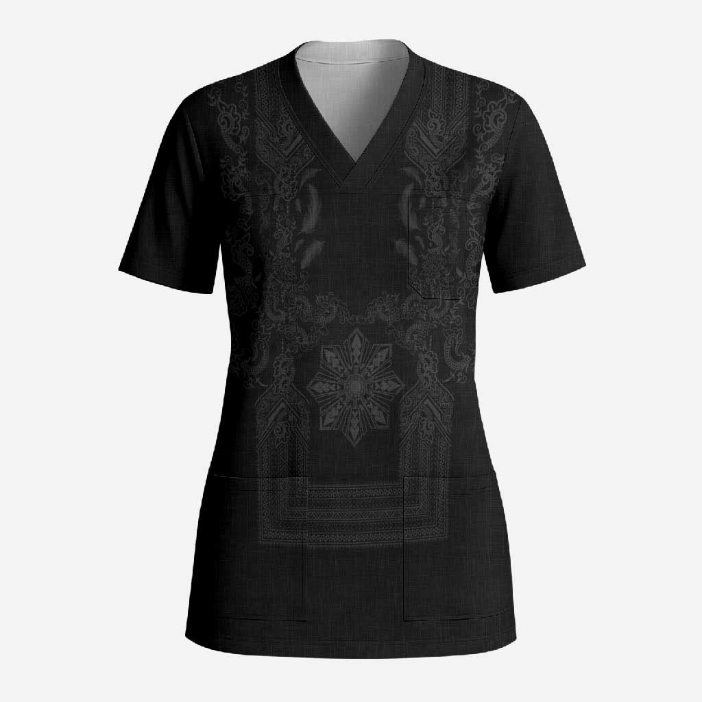 Philippines Barong Style Scrub Top with Polynesian Art and Leaf Motif Black Color LT03 Adult Black - Polynesian Pride