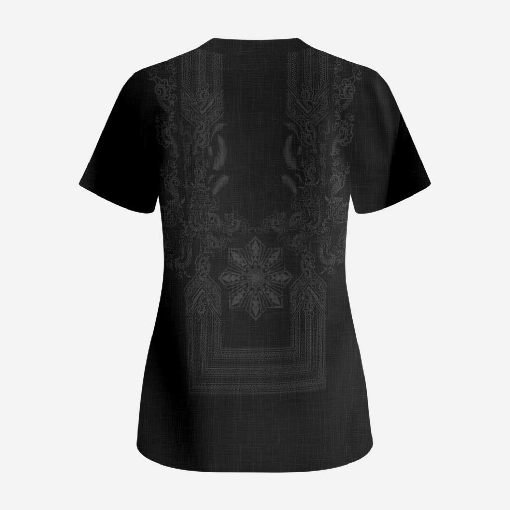 Philippines Barong Style Scrub Top with Polynesian Art and Leaf Motif Black Color LT03 - Polynesian Pride