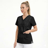 Philippines Barong Style Scrub Top with Polynesian Art and Leaf Motif Black Color LT03 - Polynesian Pride