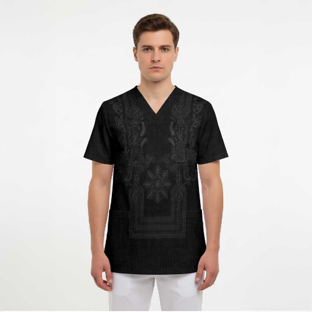 Philippines Barong Style Scrub Top with Polynesian Art and Leaf Motif Black Color LT03 - Polynesian Pride