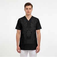 Philippines Barong Style Scrub Top with Polynesian Art and Leaf Motif Black Color LT03 - Polynesian Pride