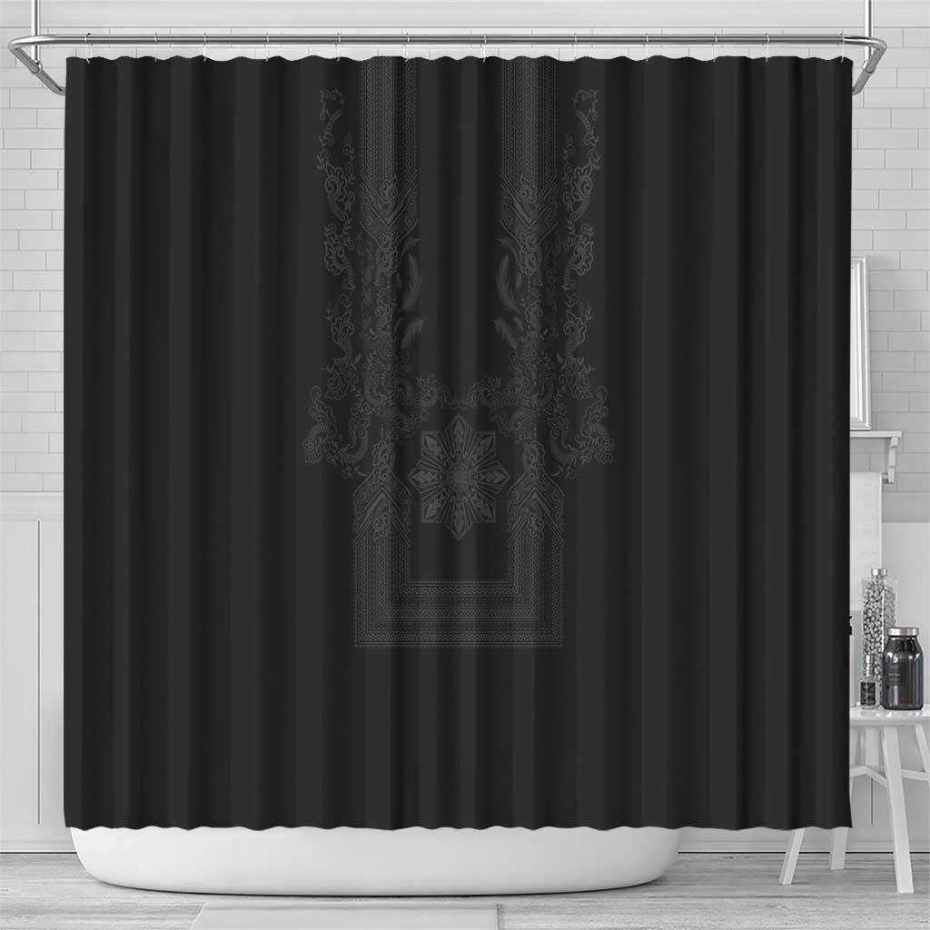 Philippines Barong Style Shower Curtain with Polynesian Art and Leaf Motif Black Color LT03 - Polynesian Pride
